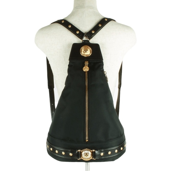 Versace Unisex Black & Gold Nylon Sun Logo Studded Backpack | EUC!! 💛🖤💛🖤 - Picture 1 of 16
